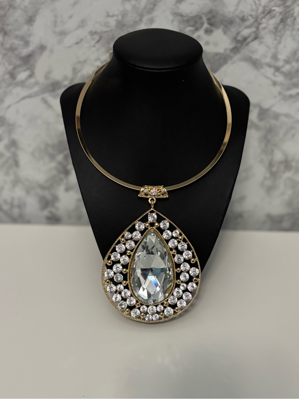 Gold Teardrop Crystal Statement Necklace